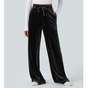 High Waisted Drawstring Wide Leg Velvet Casual Pants with Pockets
